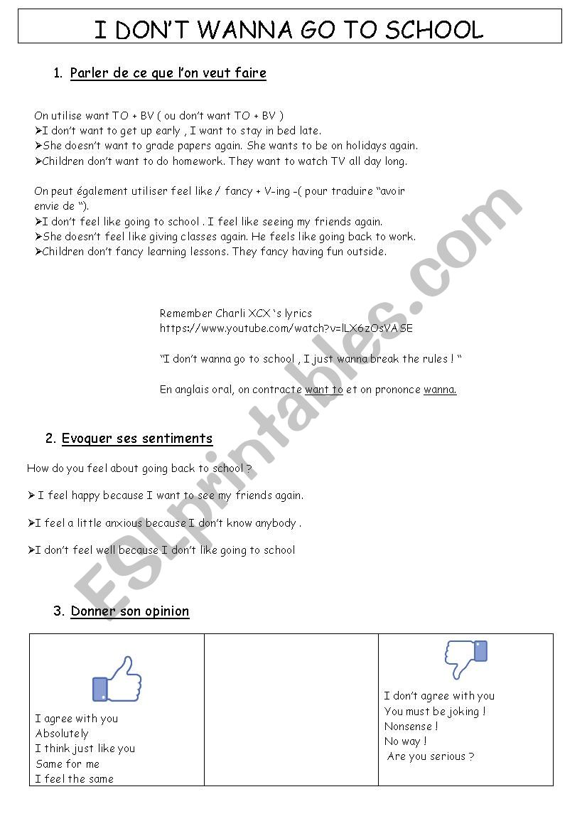 I donÂ´t wanna go to school worksheet