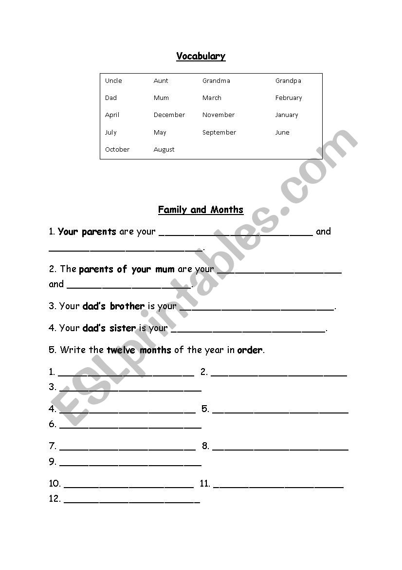 Family and Month worksheet