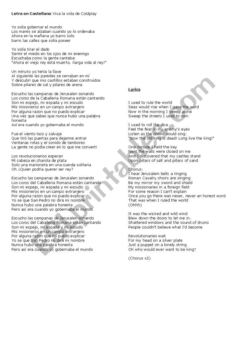 Viva la Vida by Coldplay worksheet