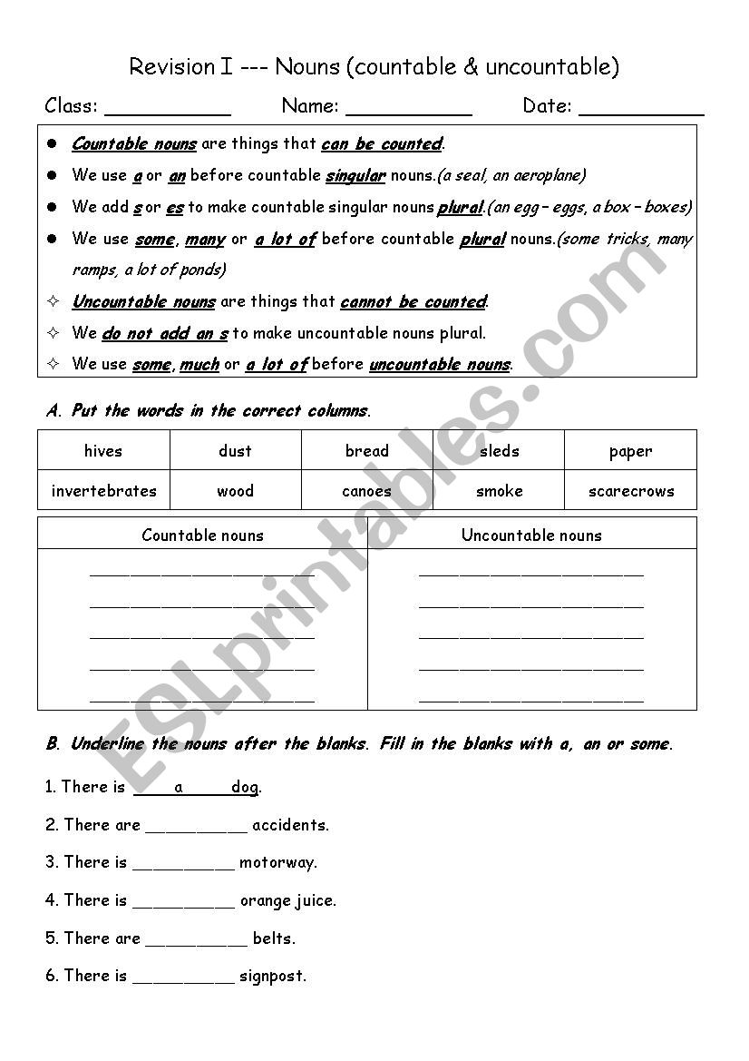 Countable & Uncountable Nouns worksheet