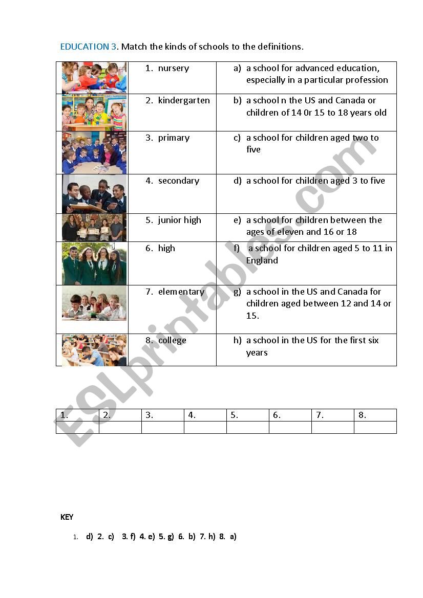 EDUCATION. SCHOOLS. (matching exercise)