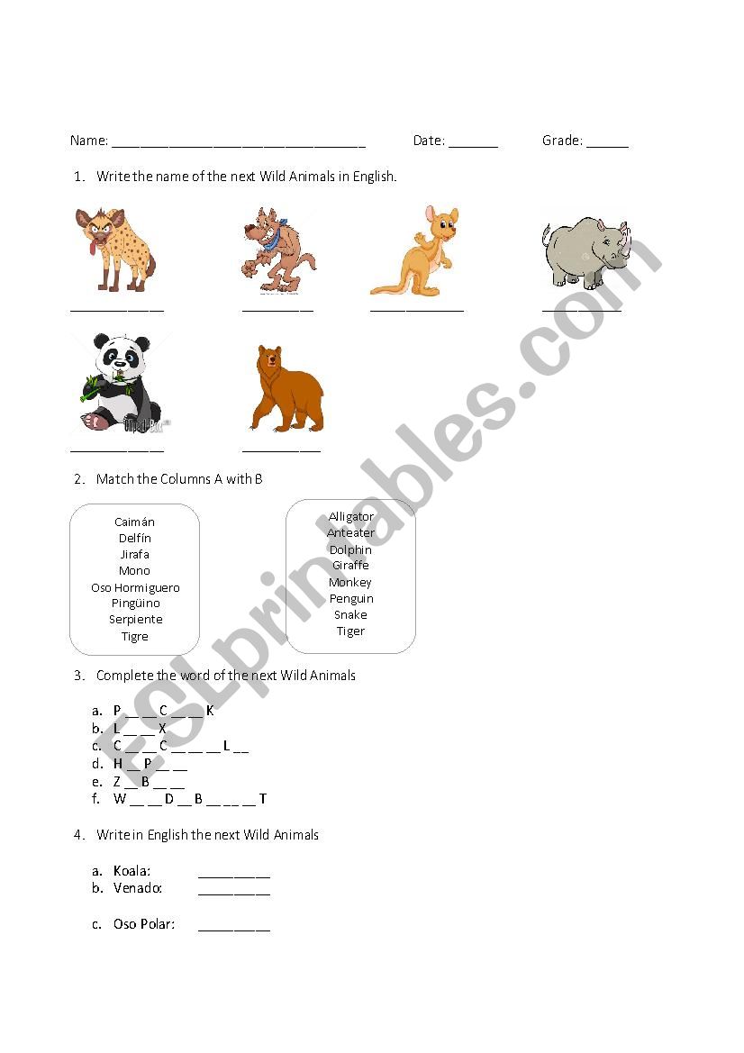 Quiz Wild Animals  worksheet