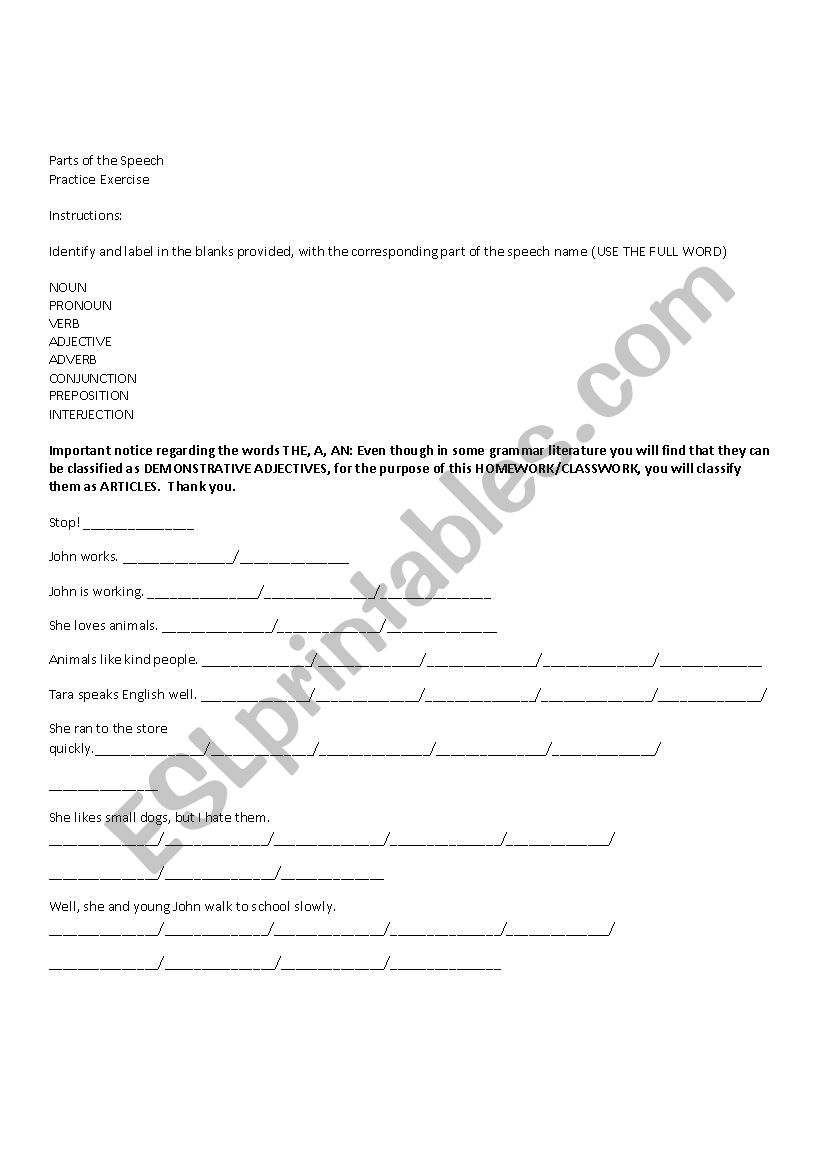 PARTS OF THE SPEECH worksheet