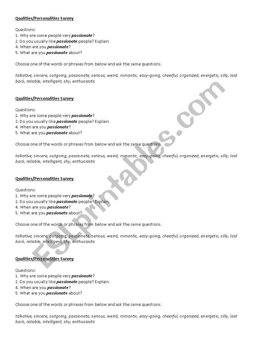 Qualities of a person survey worksheet