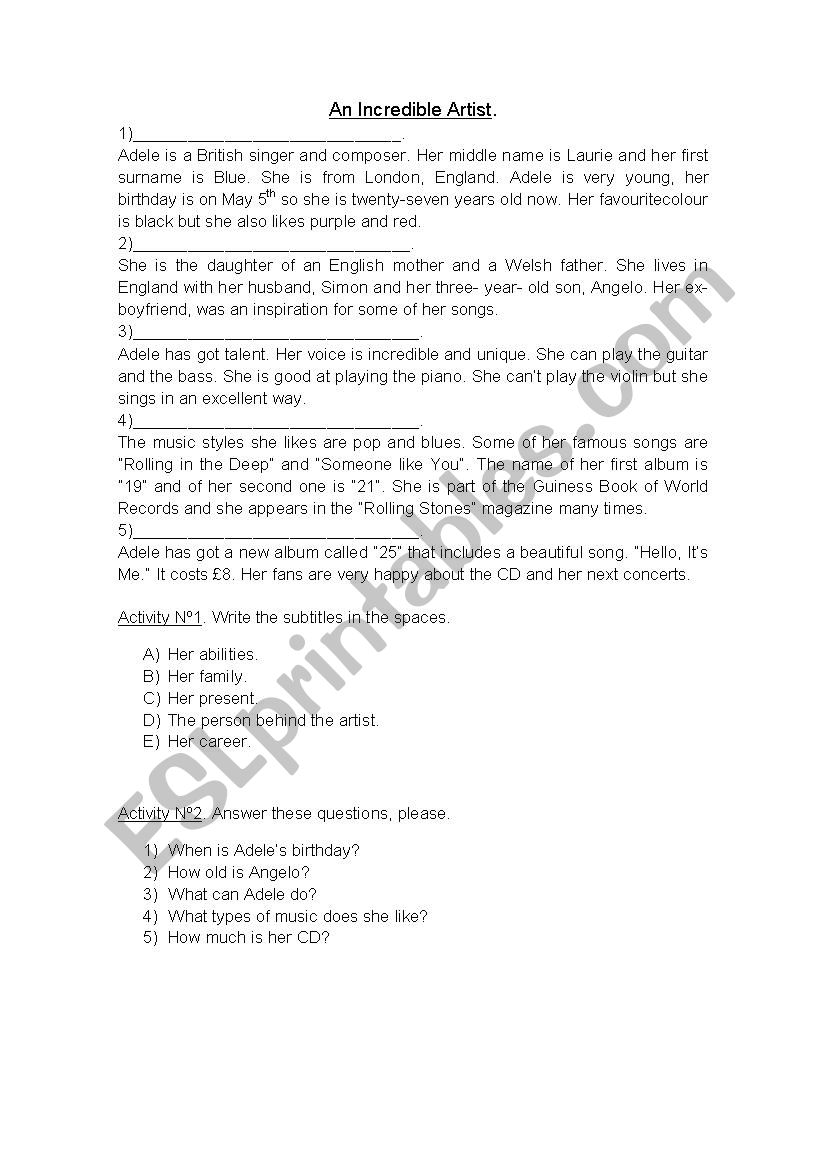 Adele Reading comprehension worksheet