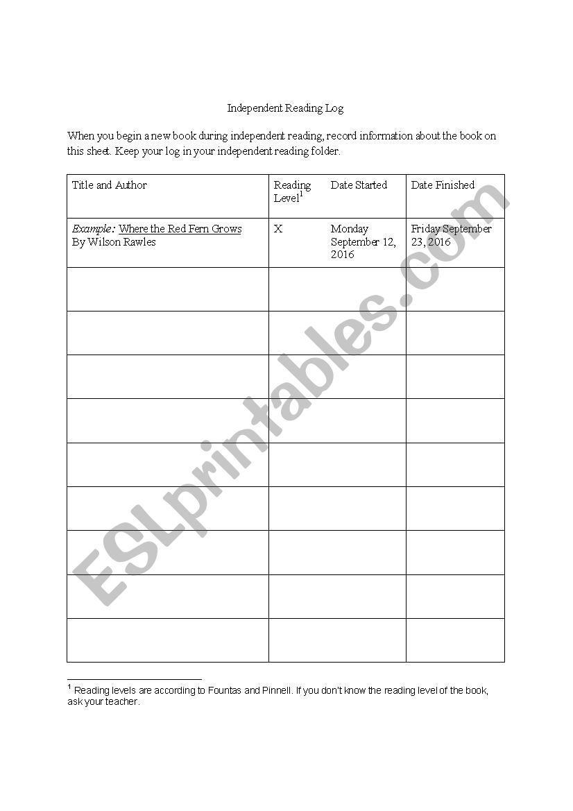 Independent Reading Log worksheet