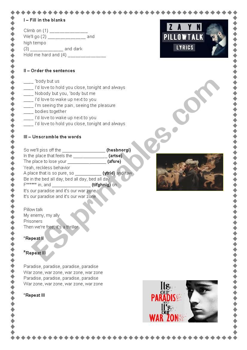 Zayn - Pillowtalk worksheet