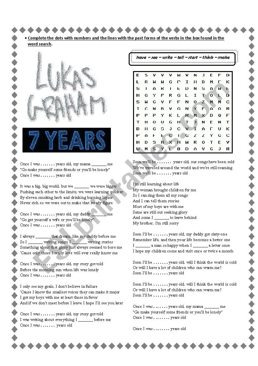 Song: 7 Years by Lukas Graham worksheet