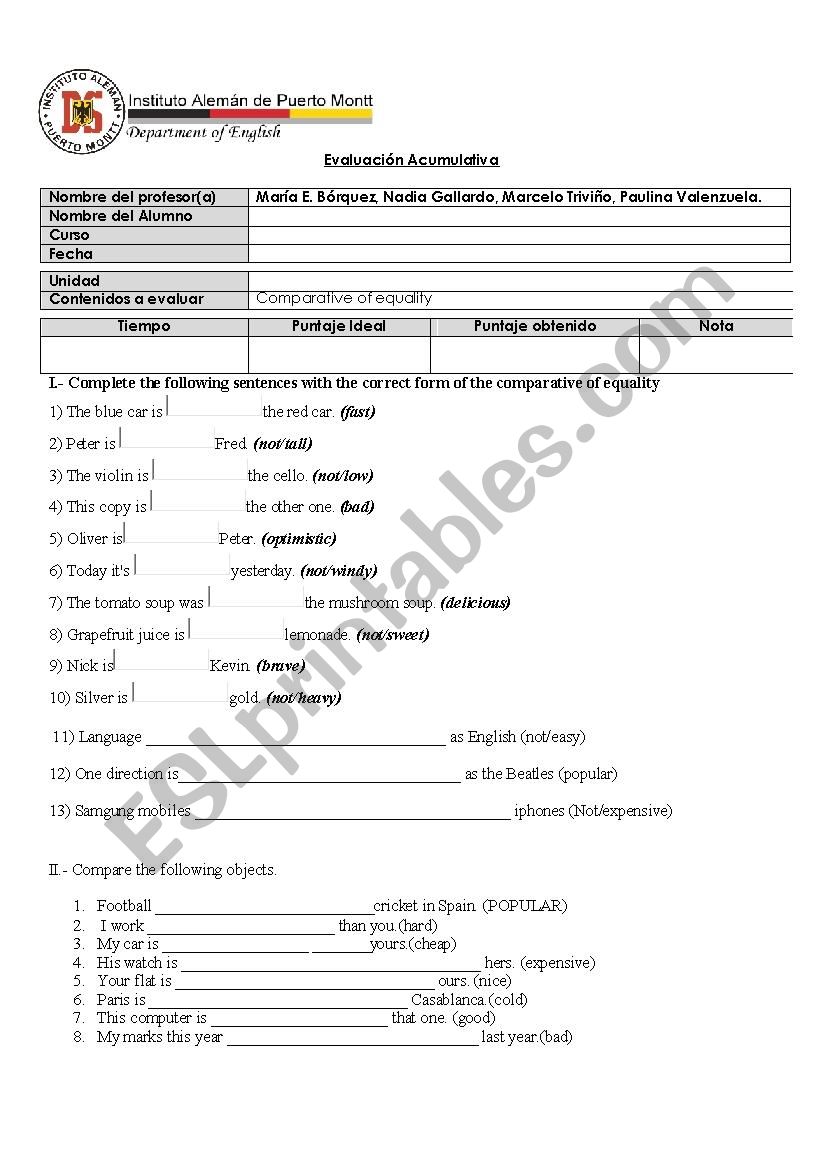 comparatives of equallity worksheet