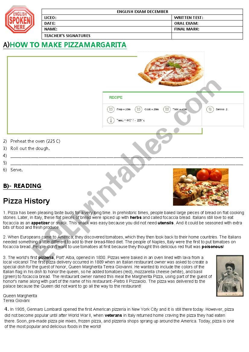 Pizza Margarita test  worksheet