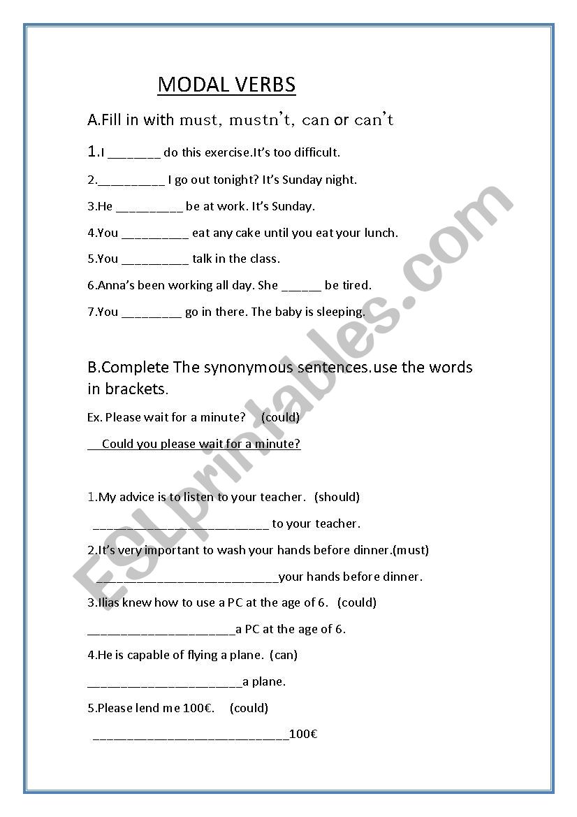 Modal Verbs worksheet