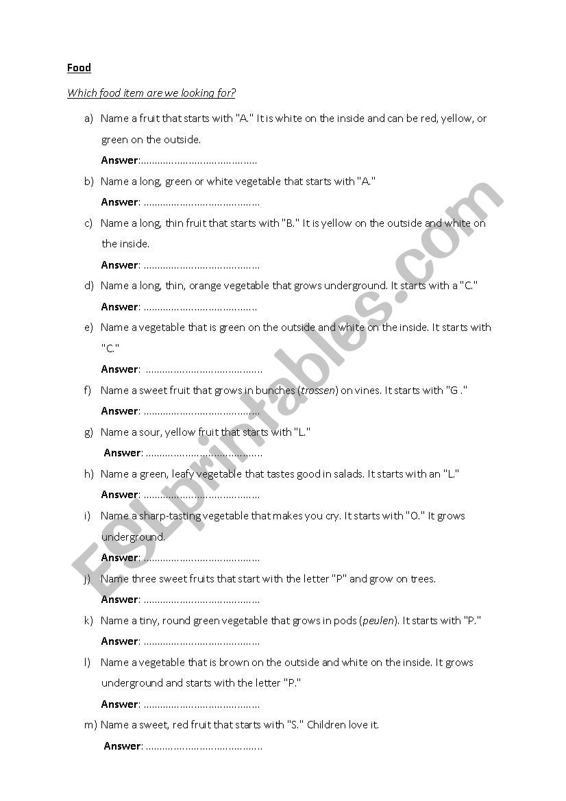 Food riddles worksheet