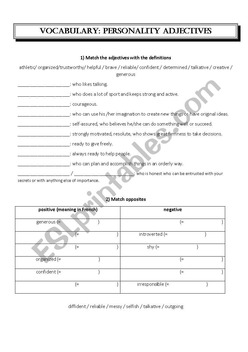 personality adjectives worksheet