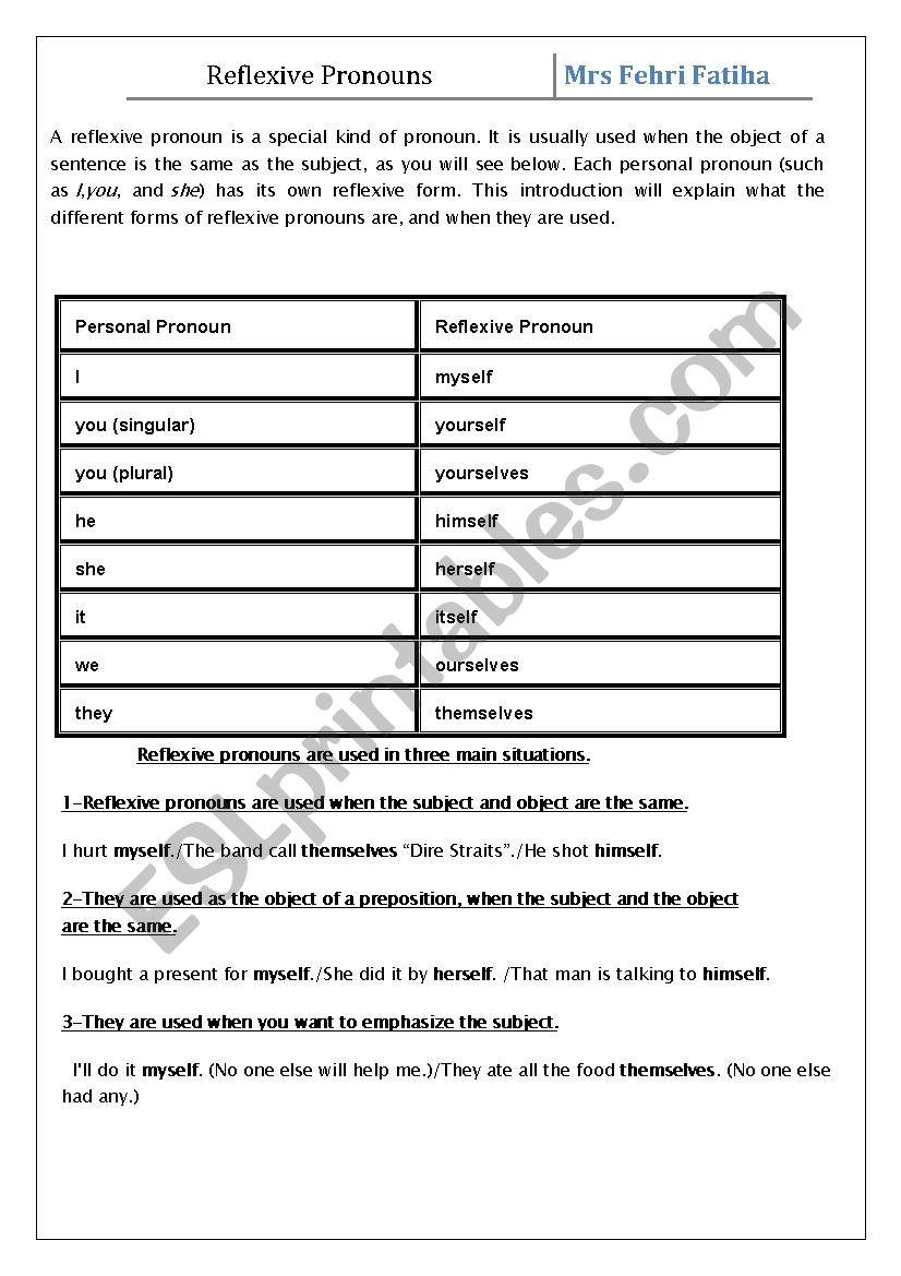 reflexive pronouns worksheet