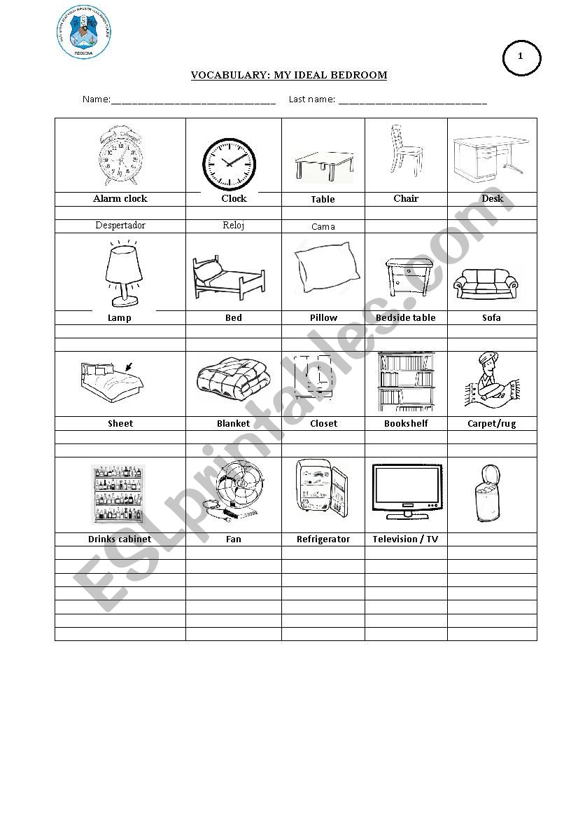 VOCABULARY OF MY BEDROOM worksheet