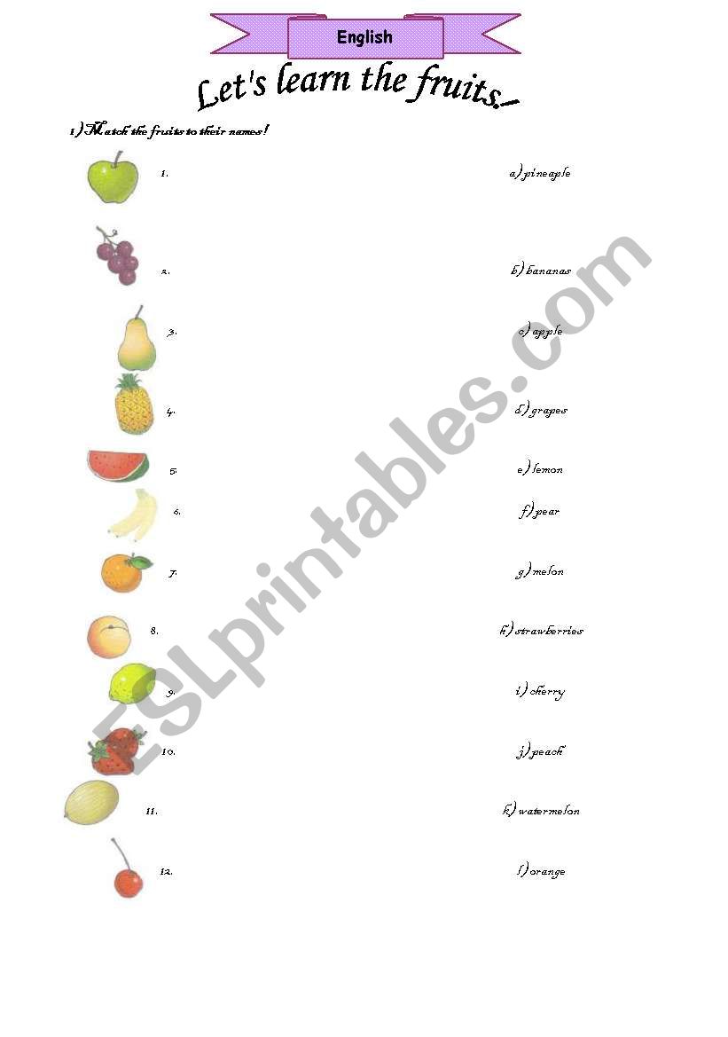 Lets learn the fruits! worksheet