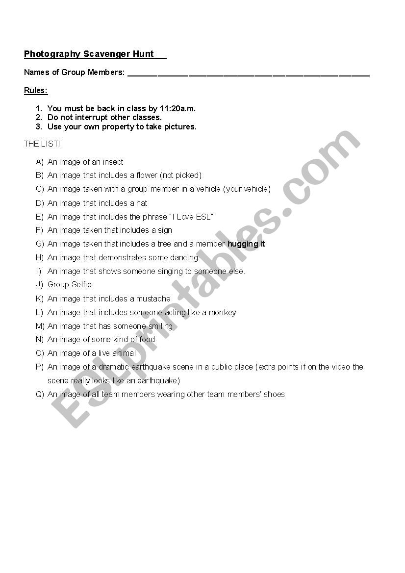 Photo Scavenger Hunt worksheet