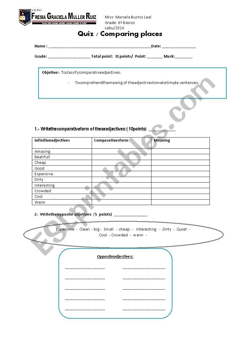 comparing worksheet