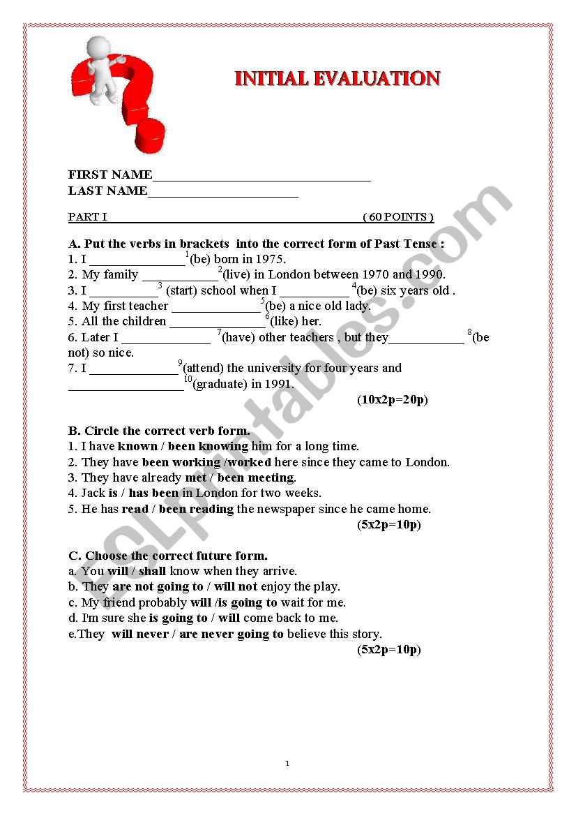 INITIAL EVALUATION worksheet