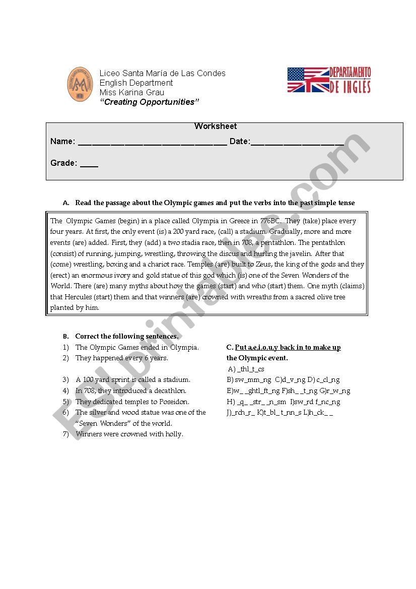 Olympic games worksheet