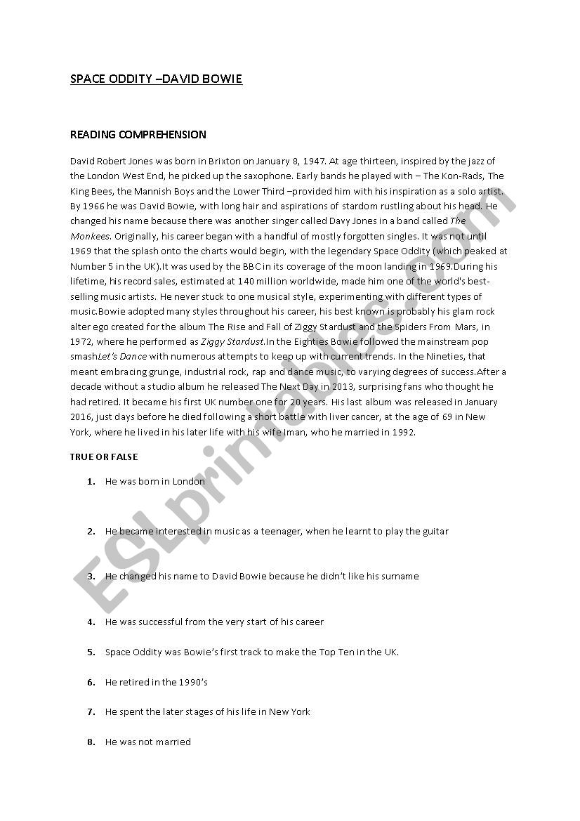 Space Oddity by David Bowie worksheet