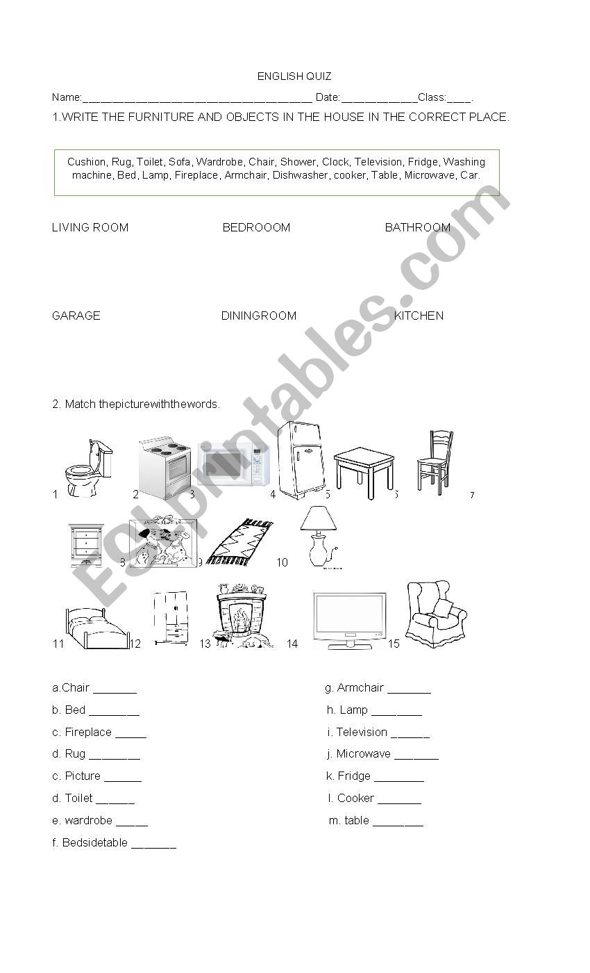 english quiz,  the house and furnitures