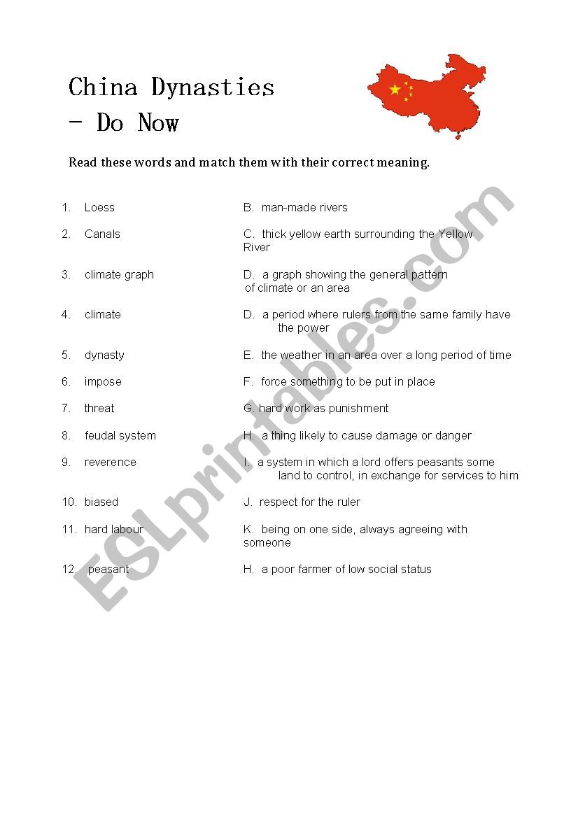 China Dynasties - Do Now worksheet