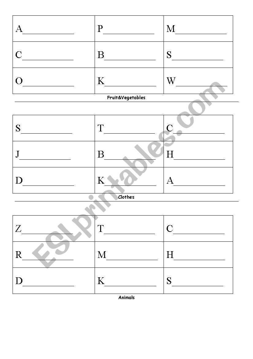 Alphabet categories race worksheet
