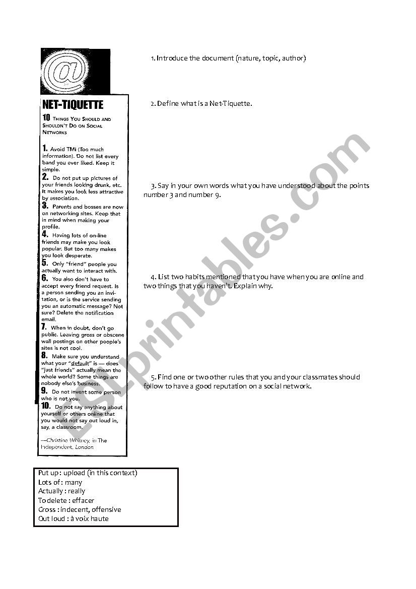 Net-Tiquette worksheet