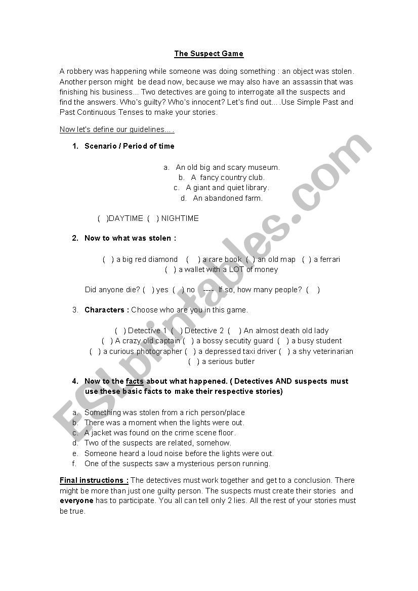 Suspect Game worksheet