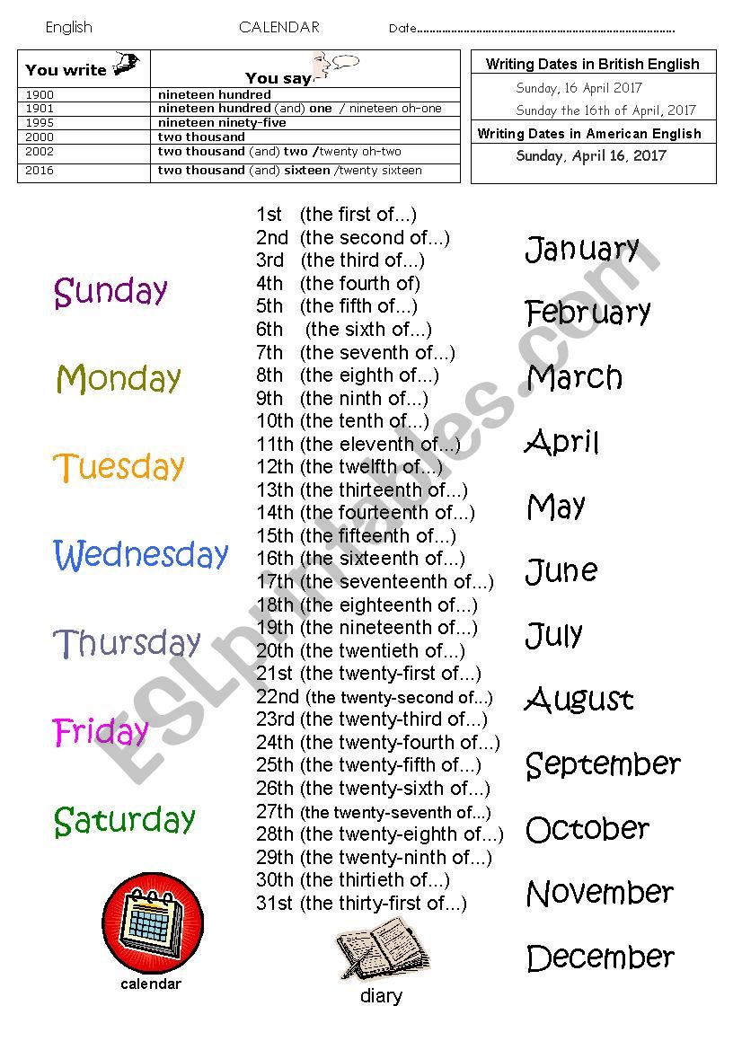 Calendar worksheet