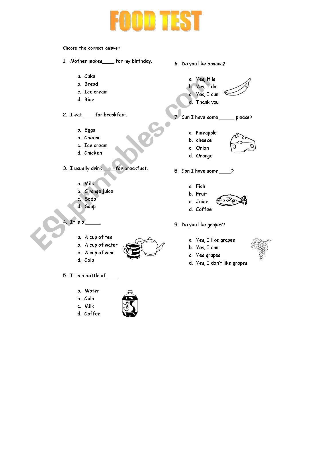 FOOD multiple choice test worksheet