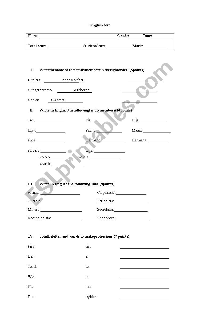 test family and professions  worksheet