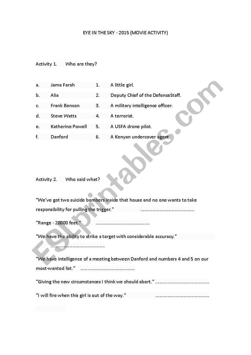 MOVIE ACTIVITY EYE IN THE SKY ESL worksheet by thainolita