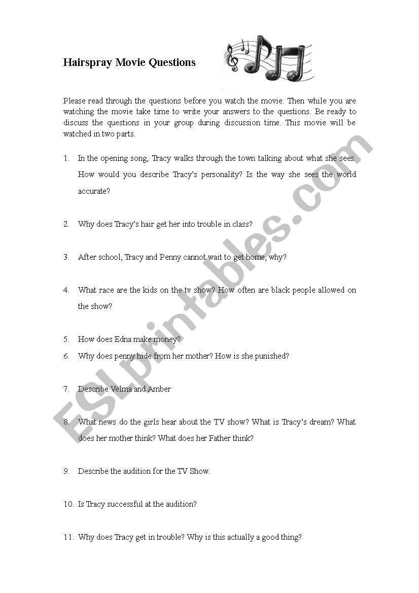Hairspray Movie Questions worksheet