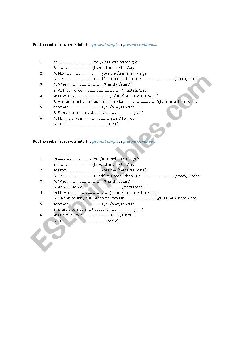 Present simple or continuous worksheet