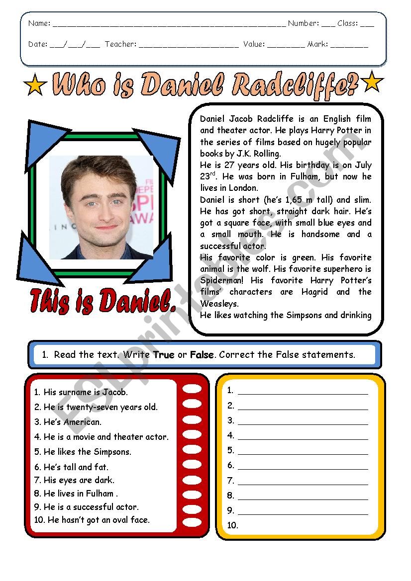 Daniel RadcliffeÂ´s Biography worksheet