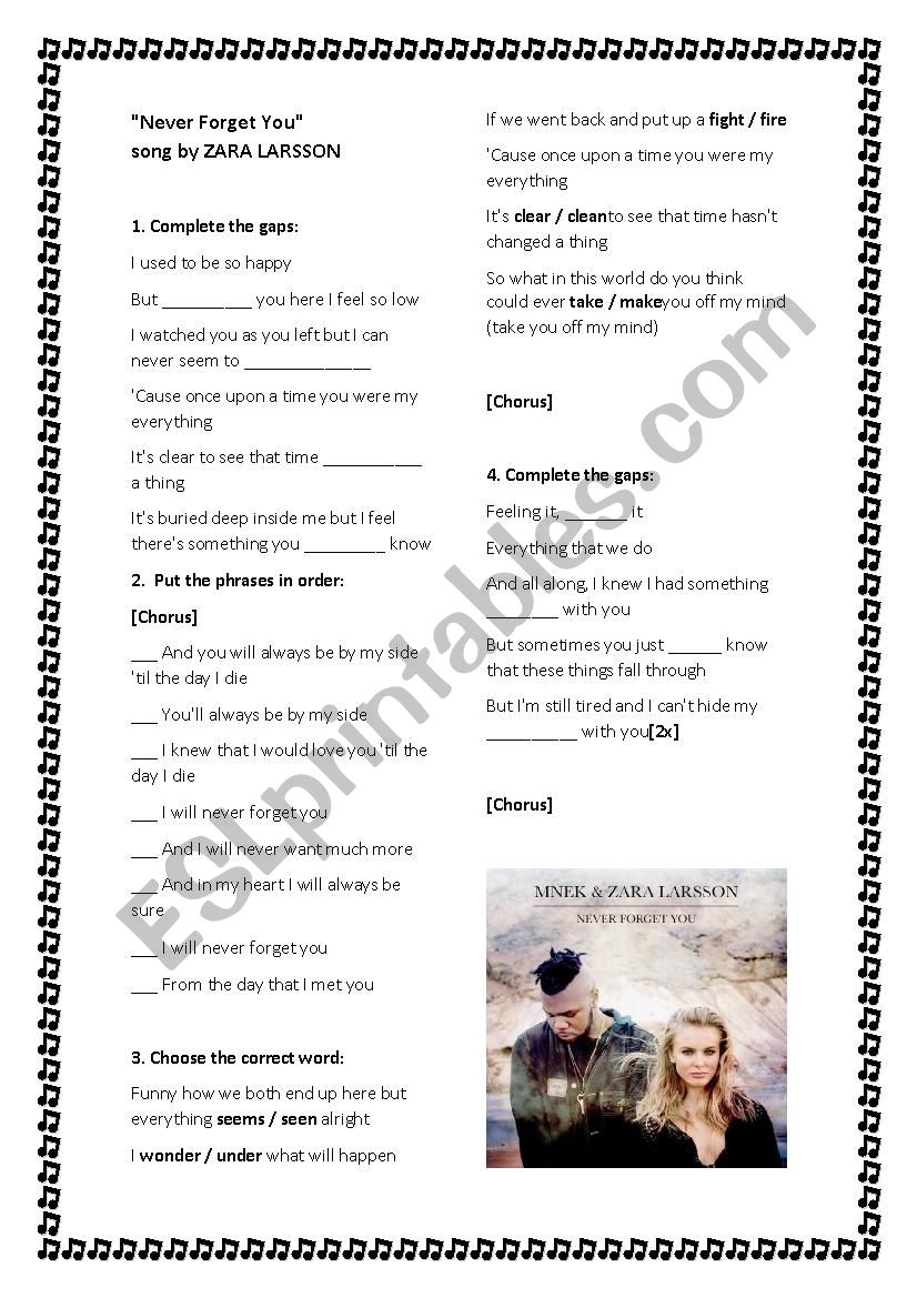 Song Never Forget You Zara Larsson Esl Worksheet By Bela F