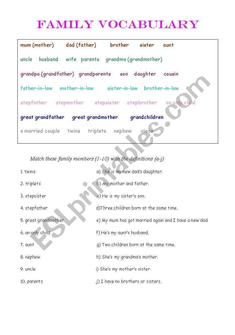 Family vocabulary worksheet