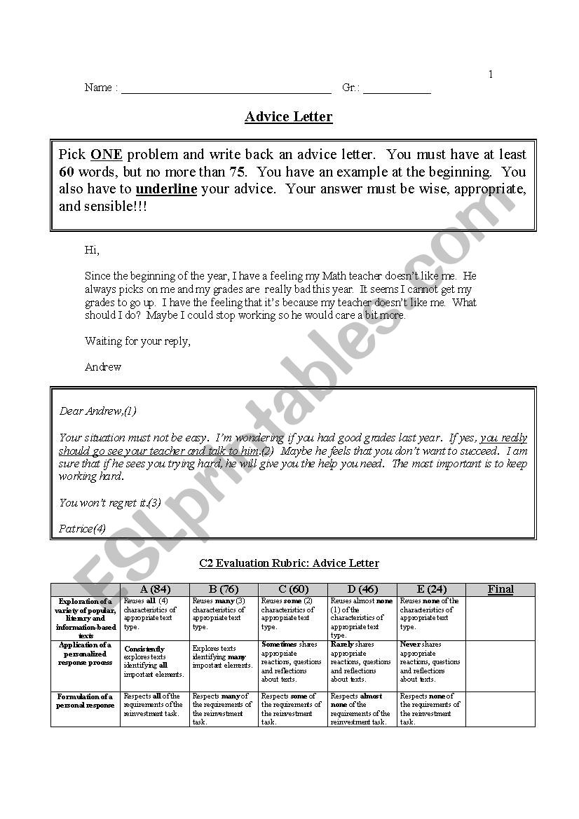 Advice Letter worksheet