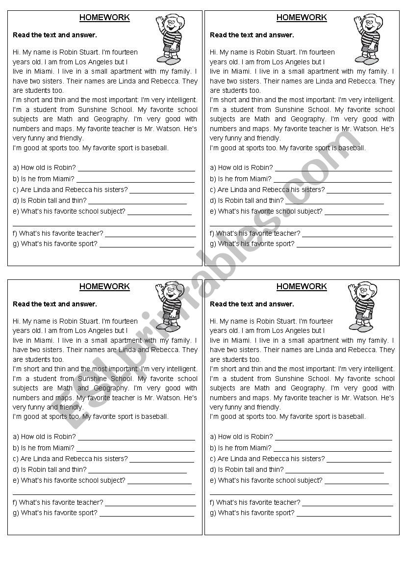 Reading and Comprehensino worksheet