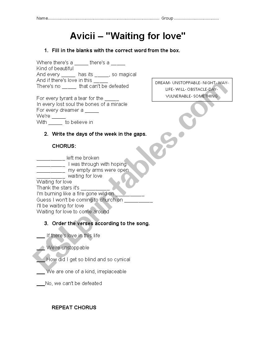 Waiting for love - Avicii worksheet