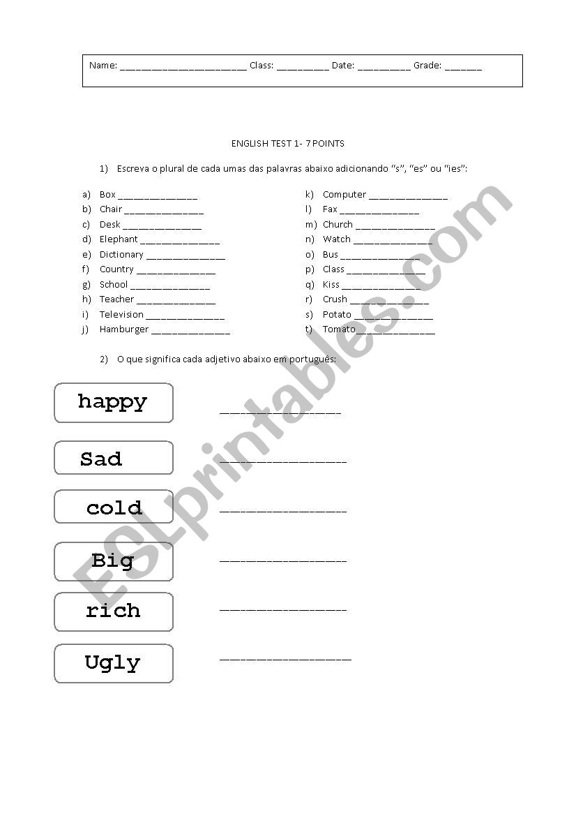 Basic 1 test worksheet