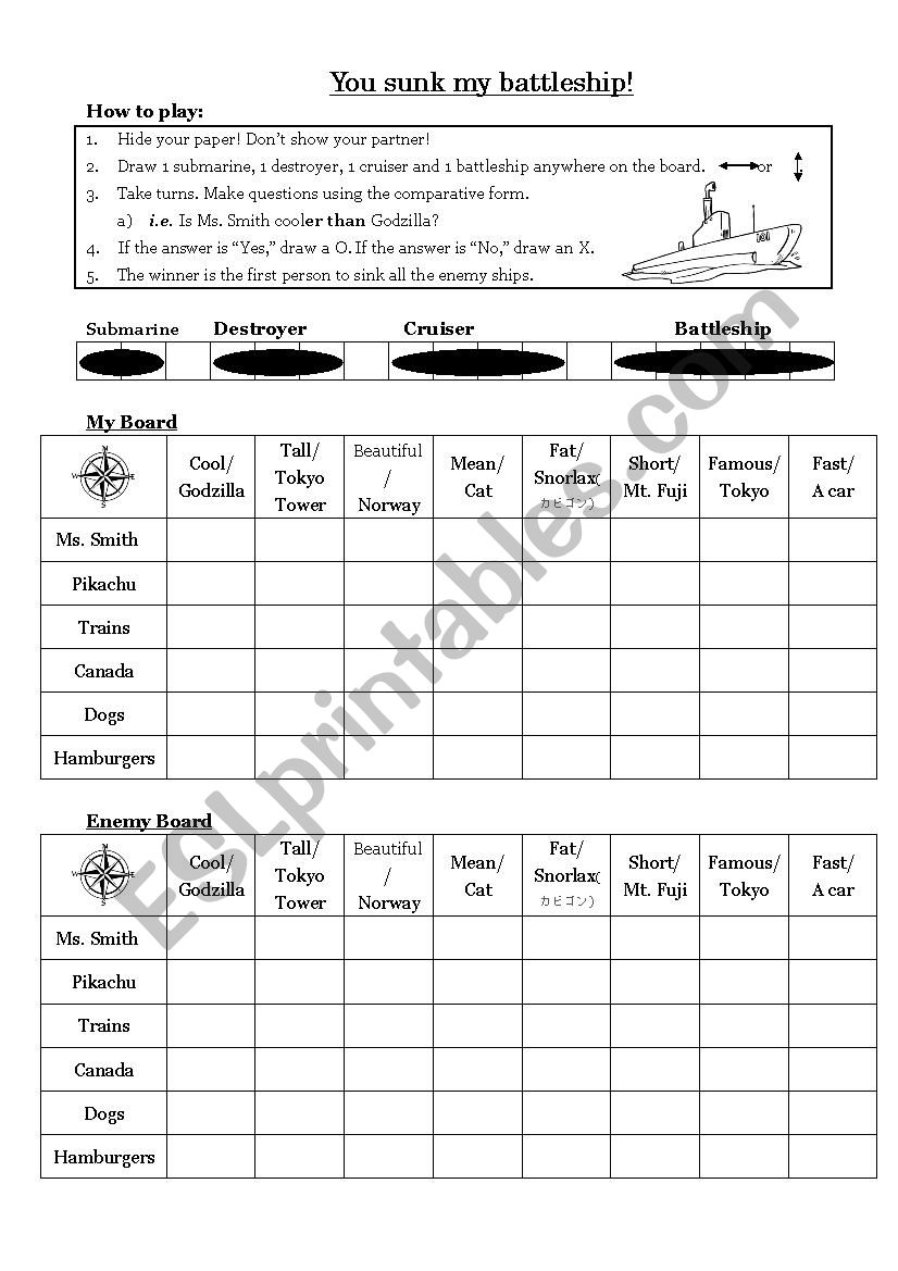 Comparatives Battleship worksheet