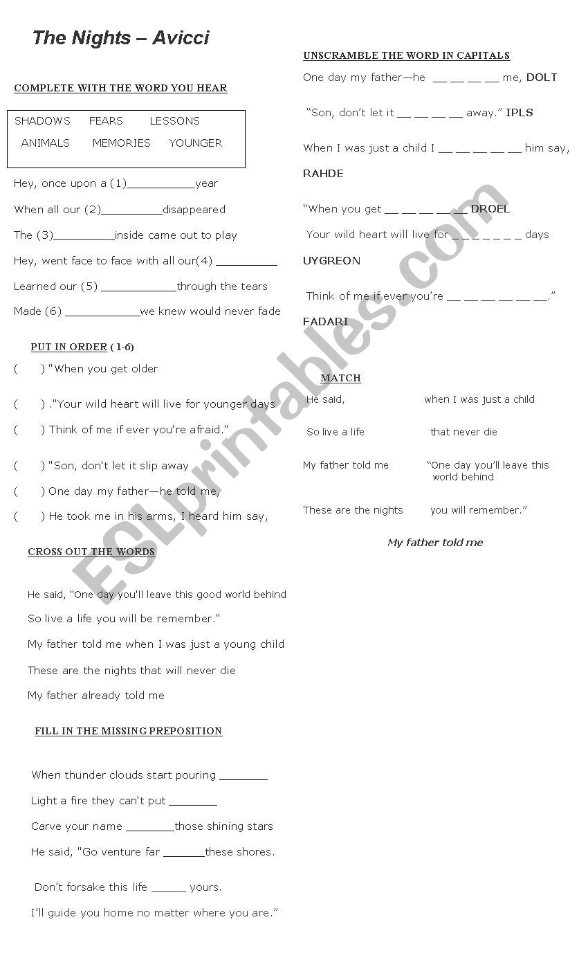 The Nights Avicci worksheet