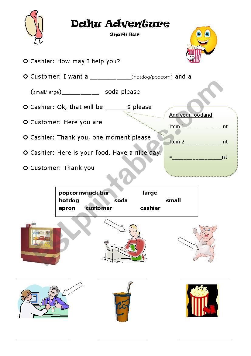 Snack Bar Vocabulary worksheet