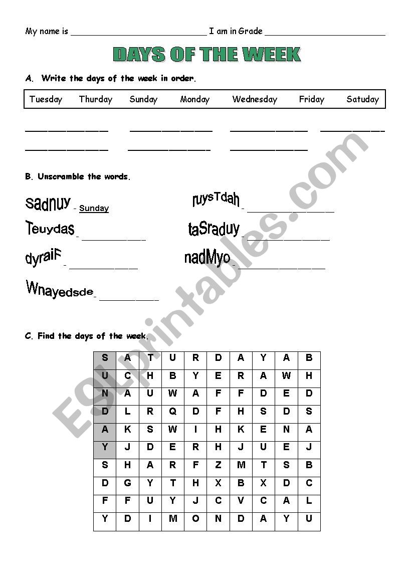 days of the week worksheet