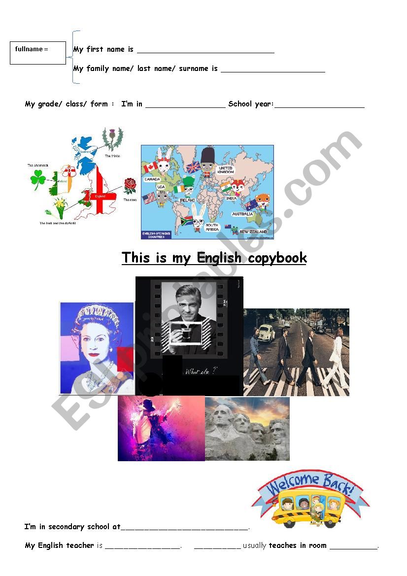 first page English copybook worksheet