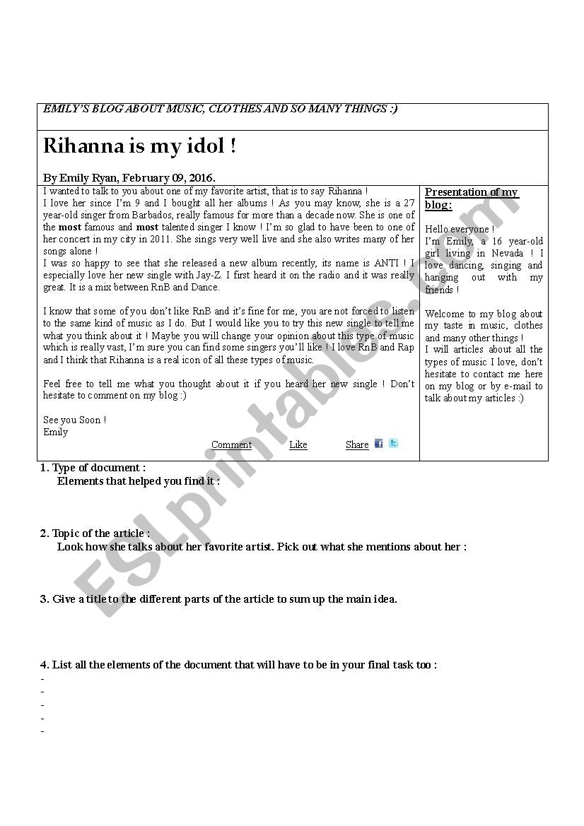 Fan of Rihanna worksheet