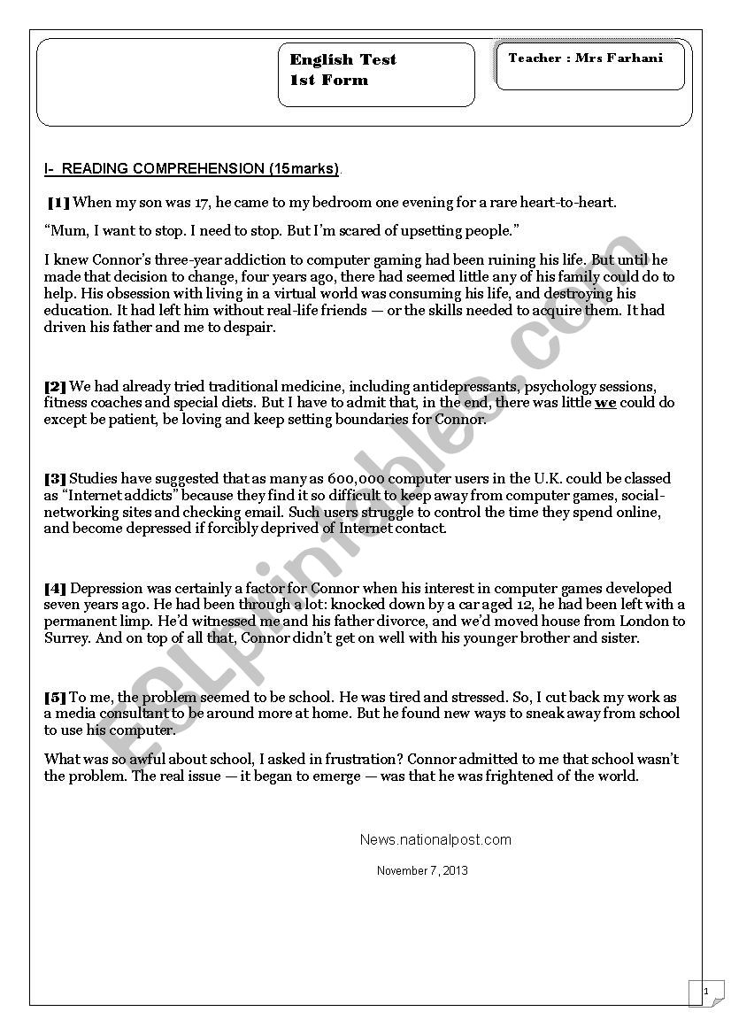 English test worksheet